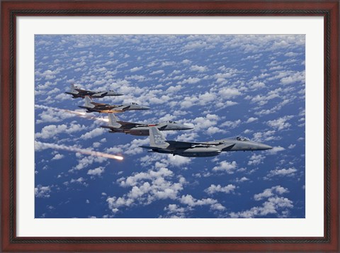 Framed Four F-15 Eagles fly in Formation Over the Pacific Ocean Print
