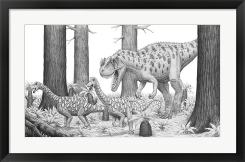 Framed Ceratosaurus Chasing Young Apatosaurus Dinosaurs Print
