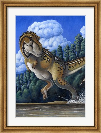Framed Tyrannosaurus Rex rRunning through Water Print