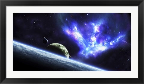 Framed Bird-shaped Nebula Watches over a Group of Planets Print