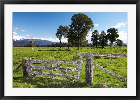 Framed Gate and Farmland near Fox Glacier, West Coast, South Island, New Zealand Print