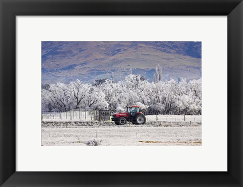 Framed Tractor and Hoar Frost, Sutton, Otago, South Island, New Zealand Print