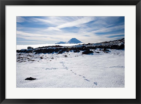Framed Footsteps in Snow and Mt Ngauruhoe, Tongariro National Park, North Island, New Zealand Print