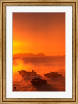 Framed New Zealand, Fishing Boats at sunrise, Stewart Island Print