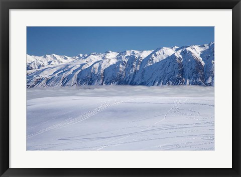 Framed Roundhill Ski Area with fog covered Lake Tekapo and the Hall Range, South Island, New Zealand Print