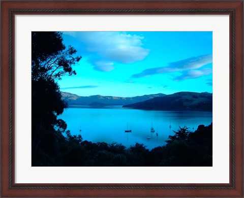 Framed Sailboats at Anchor, Akaroa Peninsula, New Zealand Print