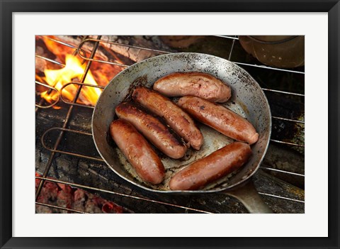 Framed Cuisine, Sausages on campfire, South Island, New Zealand Print