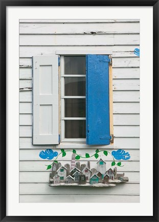 Framed Beach House Blue shutters, Loyalist Cays, Bahamas, Caribbean Print