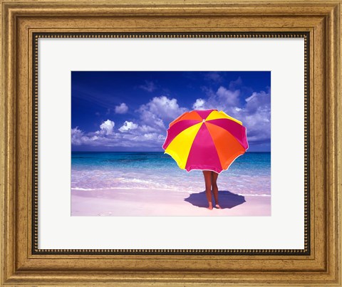 Framed Female Holding a Colorful Beach Umbrella on Harbour Island, Bahamas Print