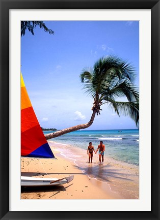 Framed Couple on Beach with Sailboat and Palm Tree, Barbados Print