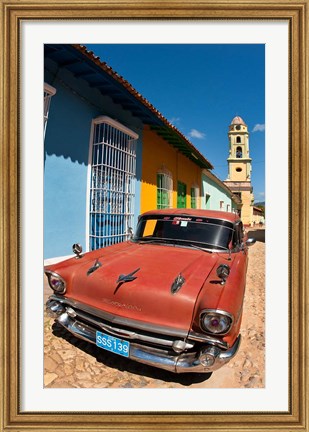 Framed Old Classic Chevy on cobblestone street of Trinidad, Cuba Print