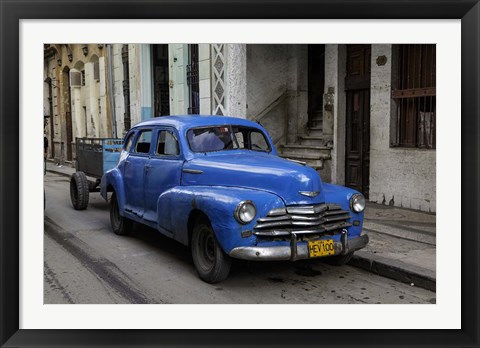 Framed 1950&#39;s era blue car, Havana Cuba Print