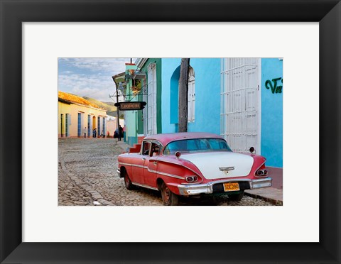 Framed Colorful buildings and 1958 Chevrolet Biscayne, Trinidad, Cuba Print
