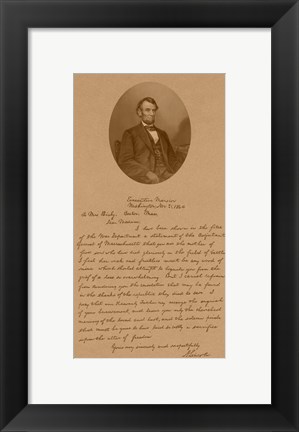 Framed President Abraham Lincoln and His Letter to Mrs Bixby Print