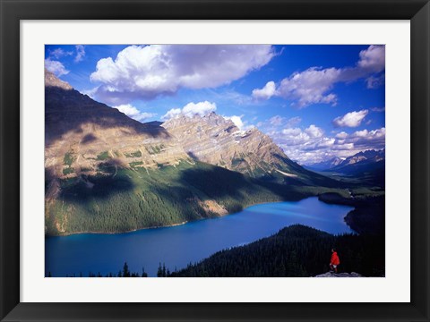 Framed Hiker Overlooking Peyto Lake, Banff National Park, Alberta, Canada Print