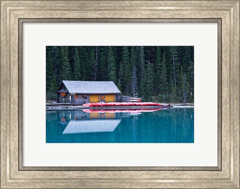 Framed Canoe rental house on Lake Louise, Banff National Park, Alberta, Canada Print