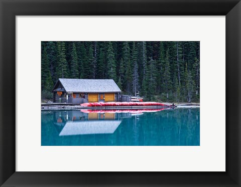 Framed Canoe rental house on Lake Louise, Banff National Park, Alberta, Canada Print