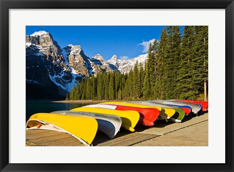 Framed Moraine Lake and rental canoes stacked, Banff National Park, Alberta, Canada Print