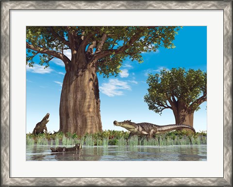 Framed Kaprosuchus crocodyliforms near a baobab tree in a prehistoric landscape Print