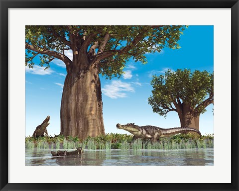 Framed Kaprosuchus crocodyliforms near a baobab tree in a prehistoric landscape Print