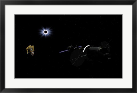 Framed Orion class Crew Exploration Vehicle paired with a Soyuz TMA spacecraft Print