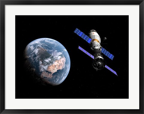 Framed manned Soyuz TMA-M spacecraft docked with an extended stay module Print