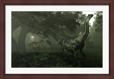Framed Antarctosaurus stalked by Abelisaurus in a prehistoric landscape Print