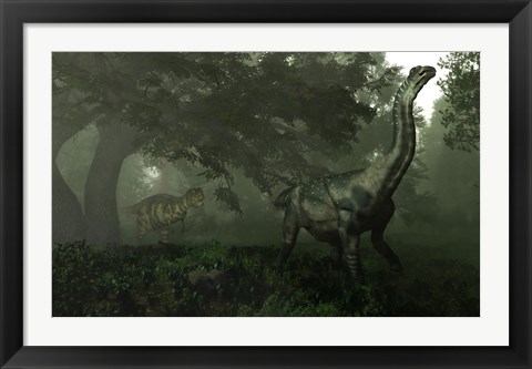 Framed Antarctosaurus stalked by Abelisaurus in a prehistoric landscape Print