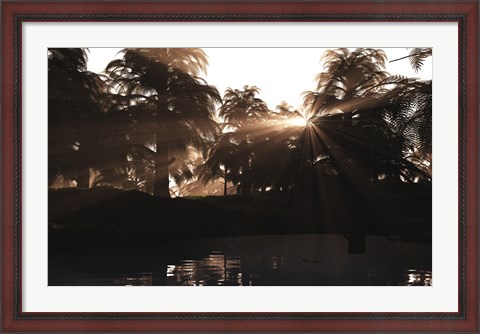 Framed Late Devonian sun sets behind a forest of Archaeopteris plants Print