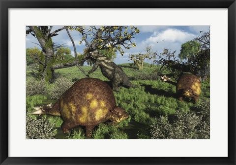 Framed Prehistoric glyptodonts graze on grassy plains An Eremotherium is in the background Print