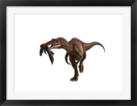 Framed Baryonyx dinosaur with a fish in mouth, white background Print