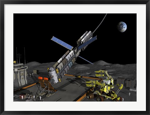 Framed manned lunar space elevator prepares to depart from its manned lunar base Print