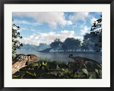 Framed Sauroposeidon graze while feathered Deinonychus look on Print