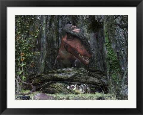 Framed rat-sized Purgatorius hides from a Bistahieversor dinosaur in a cretaceous forest Print