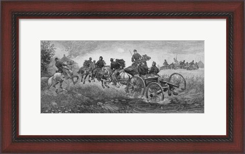 Framed Vintage Civil War print of a team of horses pulling a cannon into battle Print