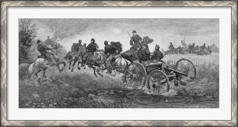 Framed Vintage Civil War print of a team of horses pulling a cannon into battle Print