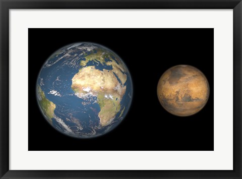 Framed Artist&#39;s Concept Comparing the Size of Mars with that of the Earth Print