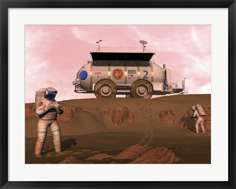Framed Illustration of Astronauts Examining an Outcrop of Sedimentary Rock on a Martian Dune Field Print