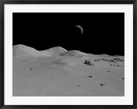 Framed Artist&#39;s Concept of a View Across the Surface of the Moon Towards Earth in the Distance Print