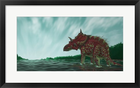 Framed Xenoceratops in the Shallow Waters of a Prehistoric River Print