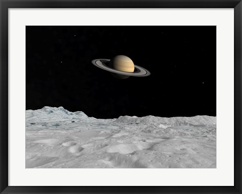 Framed Artist&#39;s concept of Saturn as seen from the Surface of its Moon Lapetus Print