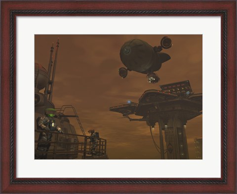 Framed Illustration of a Spacecraft and Astronauts at a Mining site on Saturn&#39;s Moon Titan Print