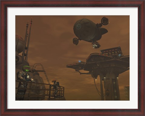 Framed Illustration of a Spacecraft and Astronauts at a Mining site on Saturn&#39;s Moon Titan Print