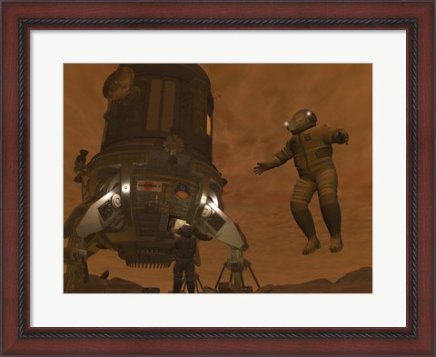 Framed Artist&#39;s concept of Astronauts Exploring the Surface of Saturn&#39;s Moon Titan Print