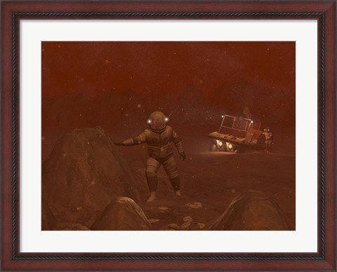 Framed Illustration of Astronauts Exploring the Surface of Saturn&#39;s Moon Titan During a Blizzard Print