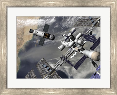 Framed Artist&#39;s concept of a Trans-Lunar Space Tug Departing the International Space Station Print