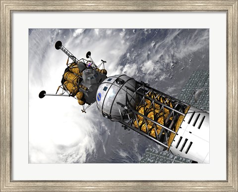 Framed Artist&#39;s concept of a Space Tug Docked with a Lunar Lander Print