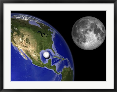 Framed Illustration of Enceladus in front of the Earth and next to Earth&#39;s moon Print