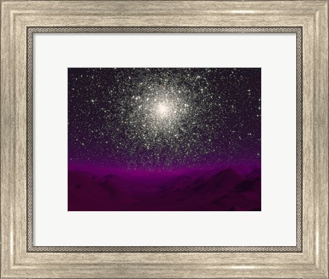 Framed Illustration of a Globular Cluster Over the Terrain of a Barren Planet Print