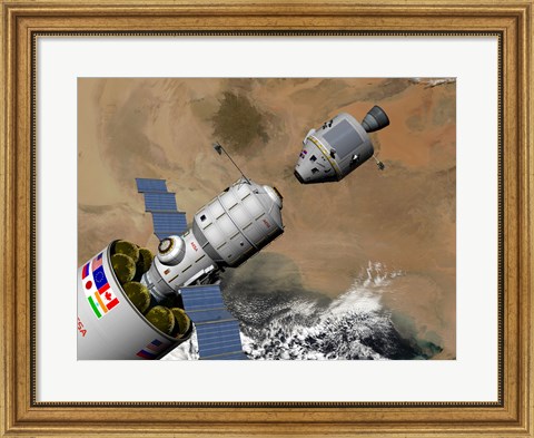 Framed Command Module Prepares to Dock with a Phobos Mission Rocket in Earth Orbit Print